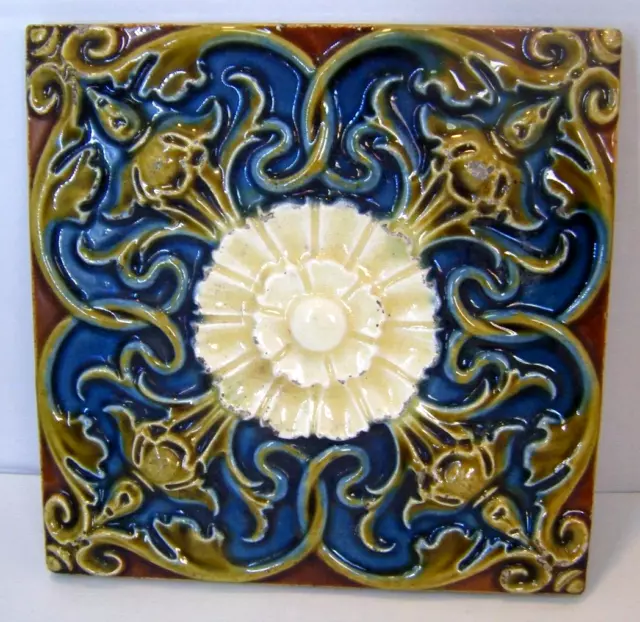 Antique Tile Majolica Art Nouveau Tube Lined Floral Architectural Single 6 x 6''