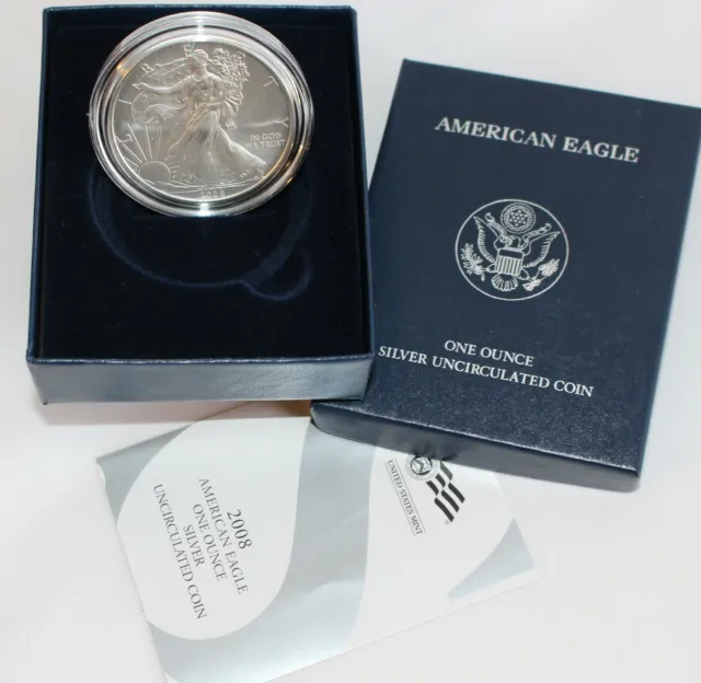 2008 W BU American Silver Eagle Dollar Burnished ASE Coin with Box and COA