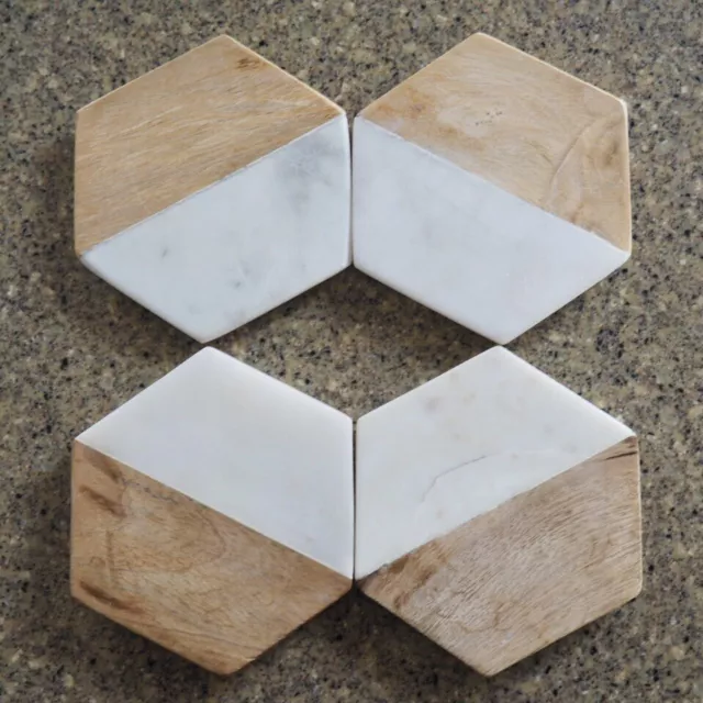 Jodhpuri Home Coasters Marble And Mango Wood Set Of 4