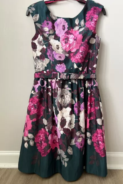 Eliza J Belted Floral Print Fit and Flare Dress Cocktail Wedding Back Zip Navy 6