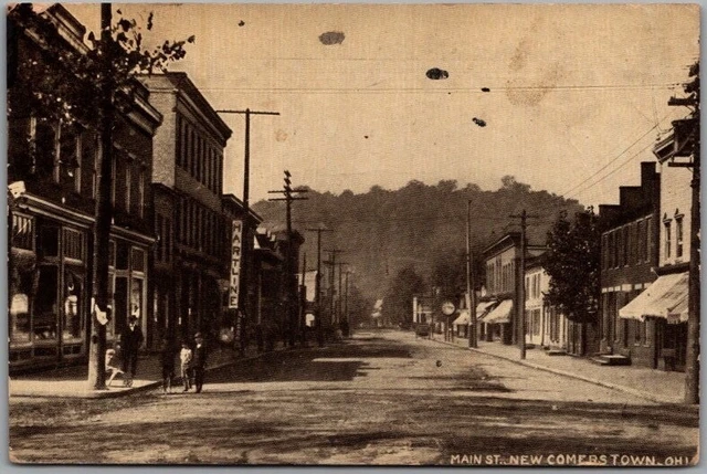 Vintage 1910s NEWCOMERSTOWN, Ohio Postcard "MAIN STREET" Downtown Scene / Stores