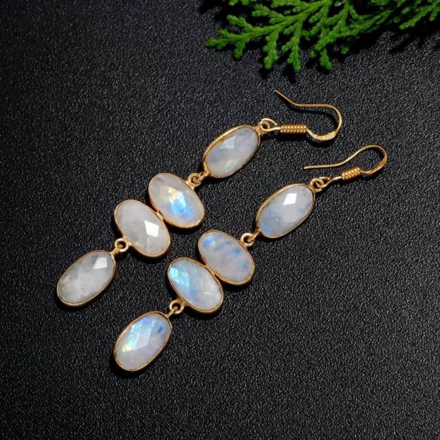 Rainbow Moonstone Natural Gemstone 925 Sterling Silver Handmade Earring For Her 3