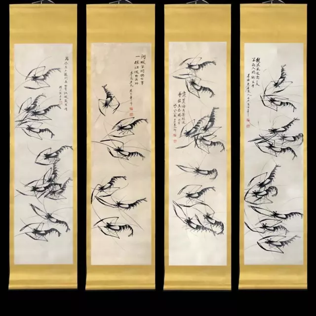 Four Qi Baishi Signed Chinese Hand Painted Calligraphy Scroll w/shrimp N17