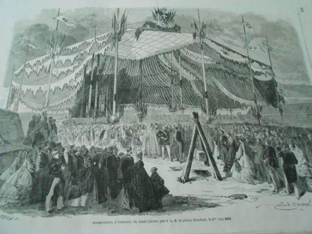 Gravure 1863 - Inauguration à Chiavano du canal de Cavour prince Humbert