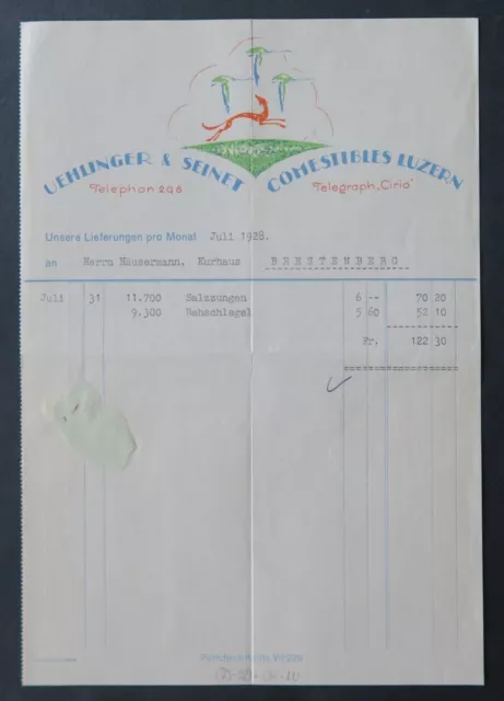 Facture SUISSE 1928 LUZERN UEHLINGER SEINET COMESTIBLES   illustrée 58
