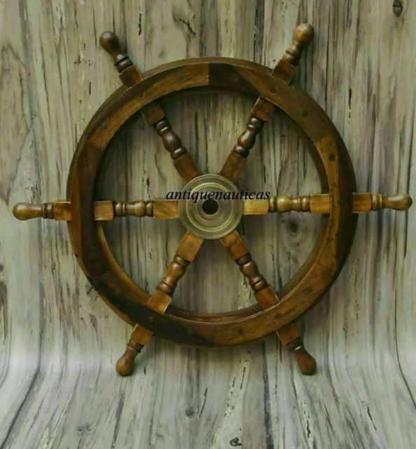 18"inch Nautical Wooden Ship Steering Wheel Pirate Decor Wood Brass Wall Boat