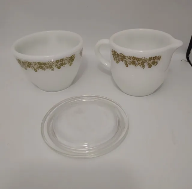 Vintage Set Pyrex Creamer and Corning Sugar Cup-Lid Spring Blossom Crazy Daisy