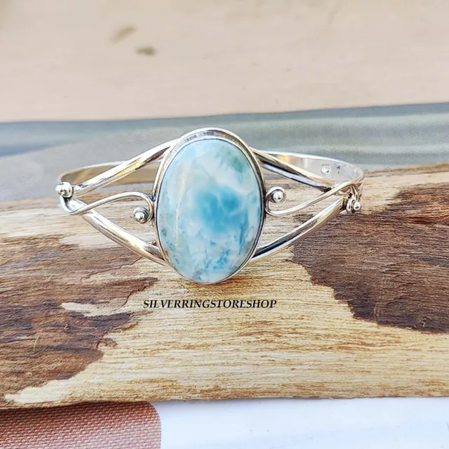 Natural Larimar Bangle Solid 925 Sterling Silver Designer Oval Larimar Jewelry