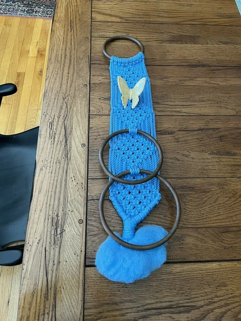 Vintage Wall Hanging Macrame 2 Ring Towel Holder Blue W/Yellow Ceramic Butterfly