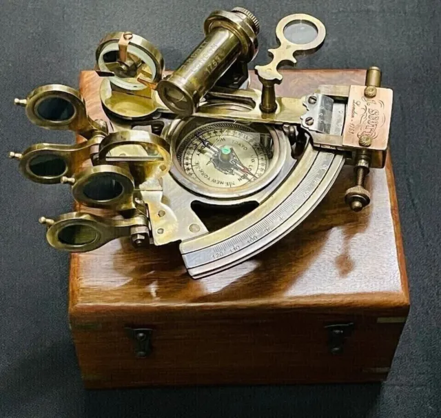 Nautischer Sextant aus Messing mit Kompass, Holzbox, funktionierender...