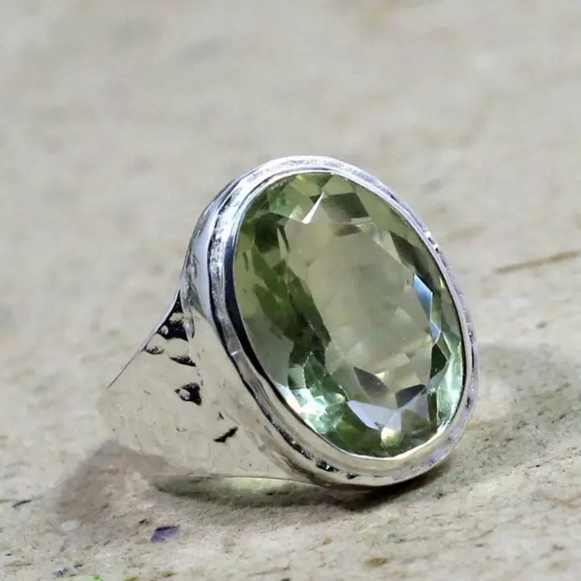 Solid 925 Sterling Silver Natural Green Amethyst Oval Gemstone Men's Unisex Ring