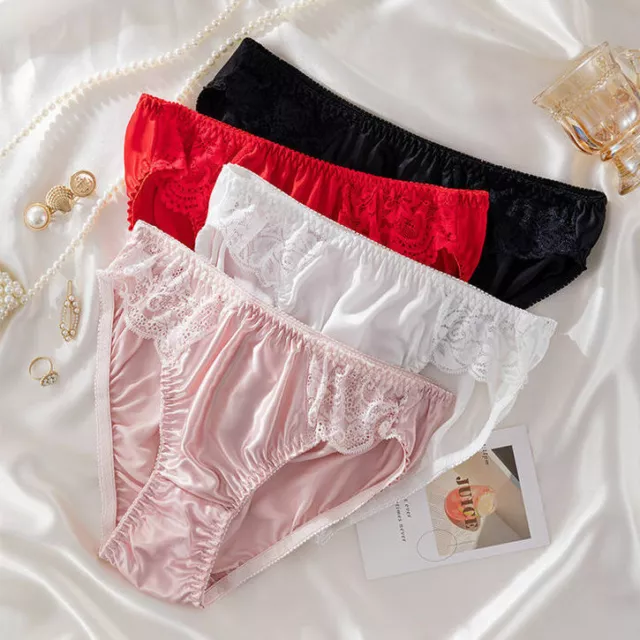Women Faux Satin Silk Thong Panties Lingerie Cute Lace G-String