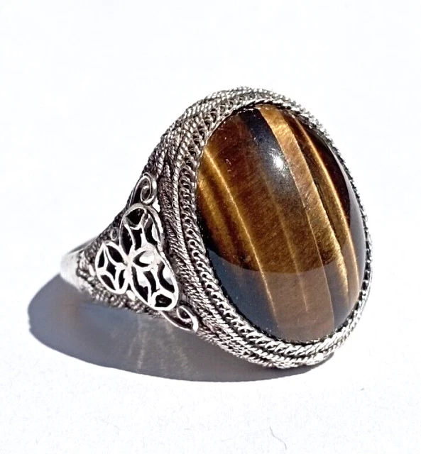 Bague Vintage Argent Massif 925 – Œil De Tigre, Taille 51, Très Bon état