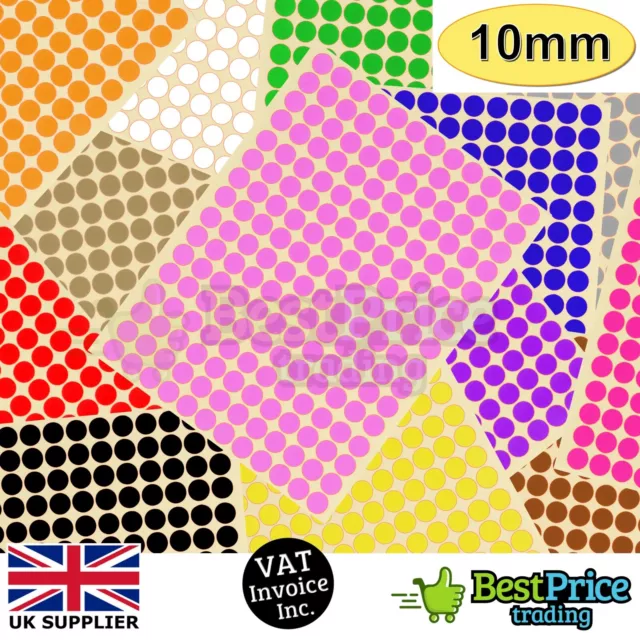 384 x 10mm Coloured DOT STICKERS Round Sticky Adhesive Spot Circles Paper Labels