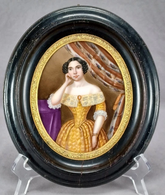 Mid 19th Century Hand Painted Lady Portrait Porcelain Plaque Black & Gilt Frame