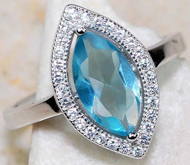 3KT Aquamarin & Topas 925 Massiv Sterlingsilber Ring Schmuck Gr. 7 PB1