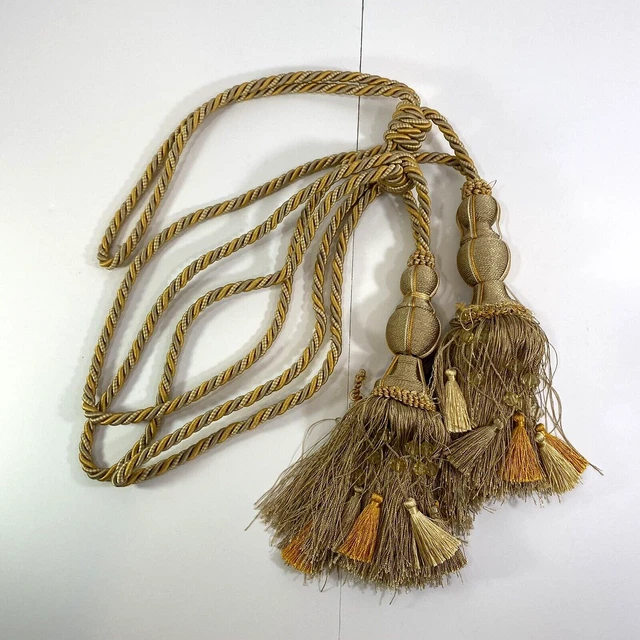 Curtain Tie Backs Pair Tassels Swags Drapery Rich Shades of Gold Beaded Damaged