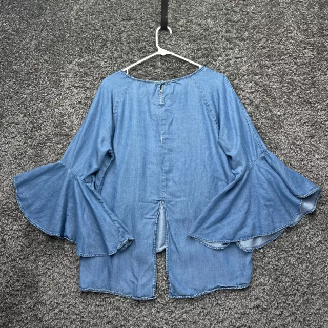 LC Lauren Conrad Chambray Blouse Womens Large Bell Sleeve Hi Low Hem Top Ladies