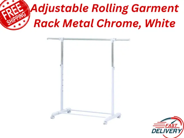 Heavy Clothes Hanger  Adjustable Height Rolling Garment Rack Metal Chrome, White