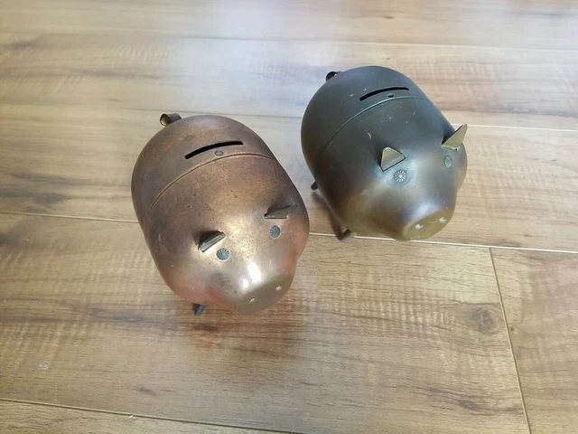 2x Vintage Coppercraft Guild Copper & Brass Piggy Bank With Curled Tail. 5x3”