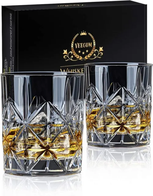 VEECOM Crystal Whiskey Glasses 10oz/300ml Whisky Glass, Gift Box, Etched, 2 pack
