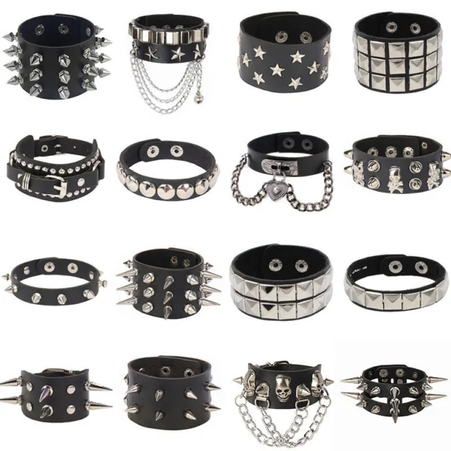 Men Women Spike Studded Rivet Bracelet Punk Goth Biker Wide Leather Wristband