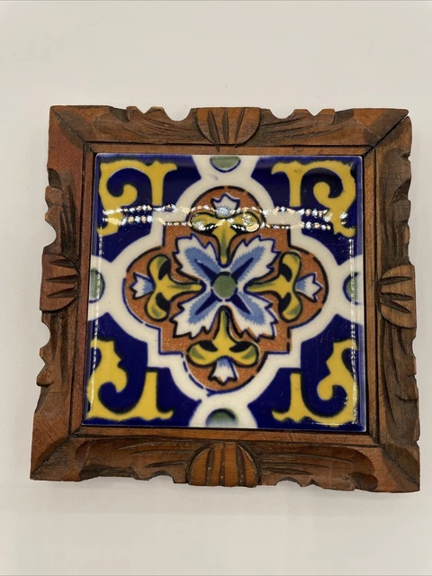 Mexico Tile Trivet Blue White Yellow Hand Carved Wood Frame Wall Art