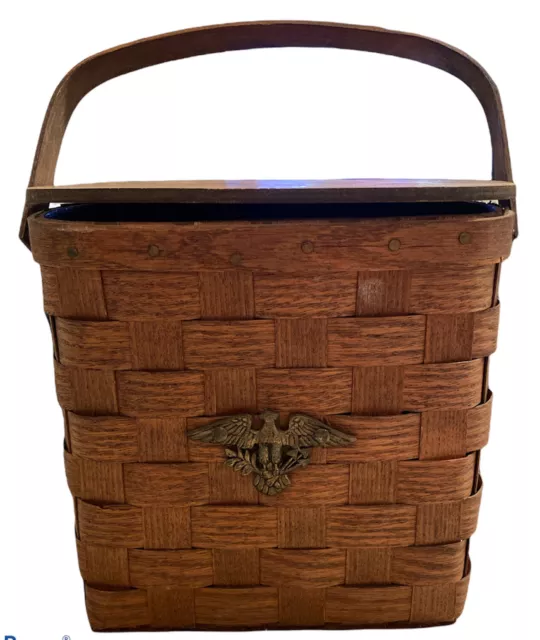 Vintage Basketville Putney Vermont Eagle Emblem Basket Planter Handle Hinged Lid