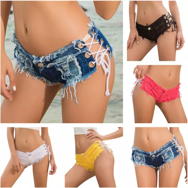 SEXY WOMENS LACE-UP Mini Hot Pants Jeans Micro Shorts Denim Low