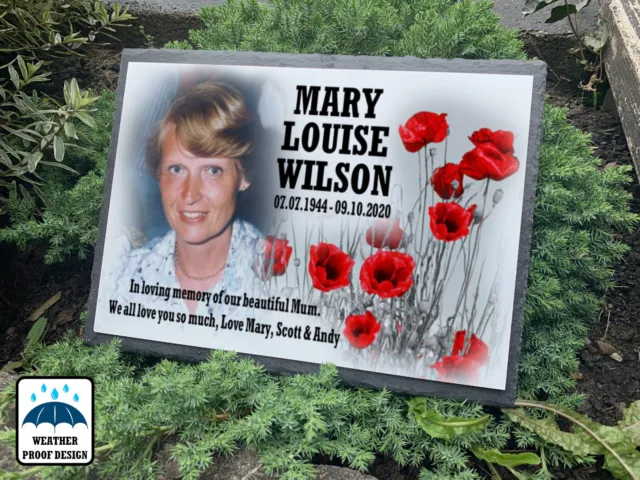 Slate grave plaque, Personalised poppy themed grave marker, Cemetery headstone.