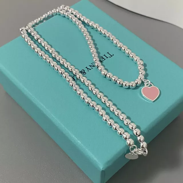 Tiffany & Co Sterling Silver Pink Enamel Heart 🩵 Beads Necklace 16”