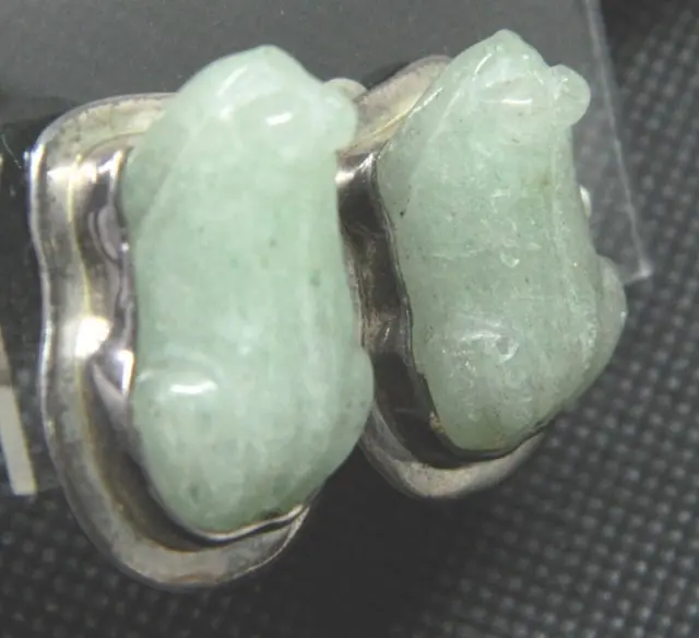 Signed AIS Chinese Hand Carved Green Jade FROG Sterling Silver Clip-On Earrings