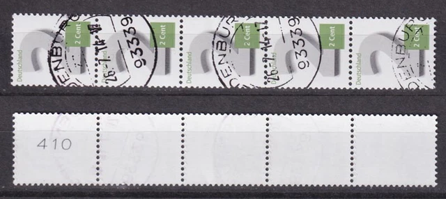 Bund 3042 2-Cent RM 5er Streifen mit breiter gerade Nummer oben gestempelt