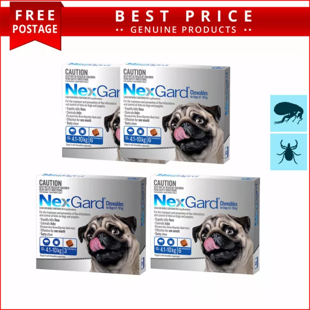 NEXGARD Chewable 4.1 to 10 Kg 3,6,12 Doses BLUE Flea and Tick Treatment for Dogs