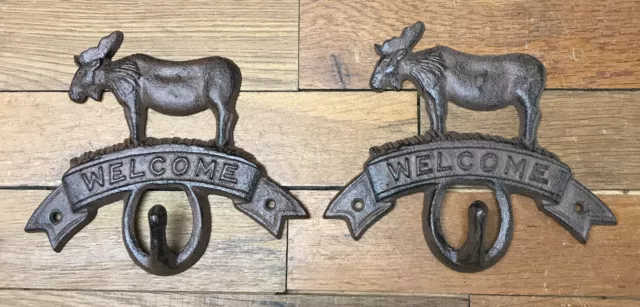 2 MOOSE Coat HOOK rustic Wall cast iron Cabin Lodge Decor Elk vintage style