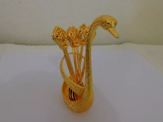 Gold Swan Ornate Teaspoon Holder & Egg Topped Teaspoon Set