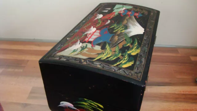 Vintage Black Lacquer Abelone Japanese Music Jewelry Box 9"