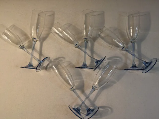 Vintage Set of 8 Luminarc  8.75" Tall Blue Stem French Champagne Flutes