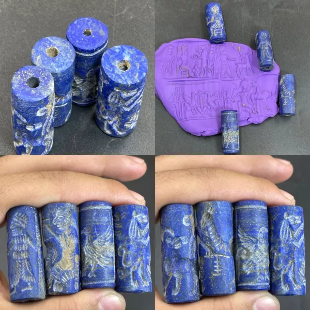 Sale 4 Pieces Ancient Near Eastern Old Lapis Intaglio Cylinder Seal Old Beads