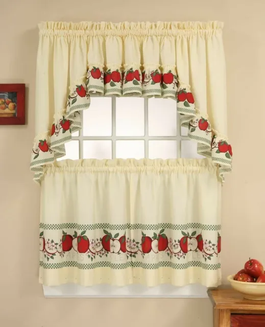 Kitchen Window Curtains Valance Printed 2 Panel Tiers Ivory Red 56 x 24 Inch Set