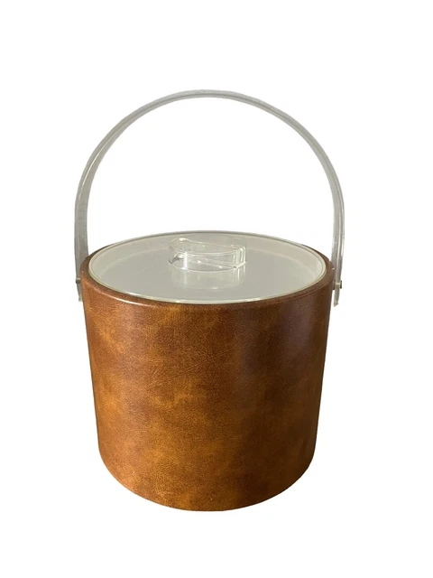 VTG George Briard 70’s Barware Ice Bucket Faux Leather/Vinyl  w/Lucite Handle