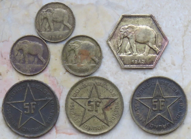 Belgium Congo Lot 7 coins  2 Francs 1943 -  5 francs 1952 Urundi - 1 Franc 1944