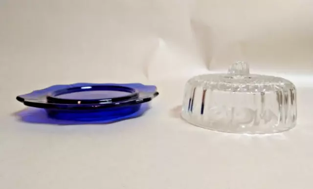 1950s  Cobalt Blue Glass Cheese Dish With Clear Lid 3