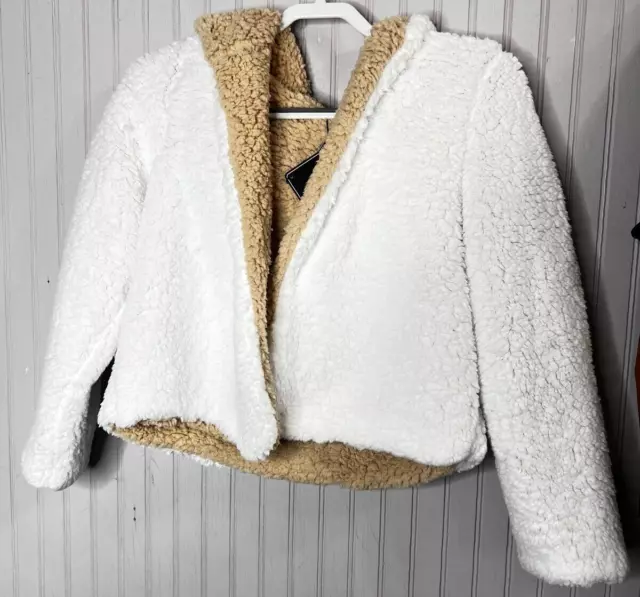 NEW Forever Young Womens Jacket S Oversized Fleece White Beige HOODED Slip On