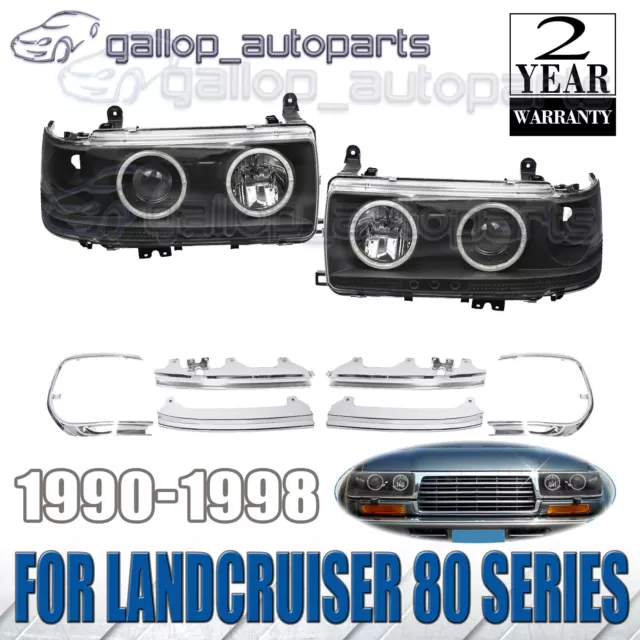 LH+RH HeadLights LED BLACK For Toyota Landcruiser 80 Series Angel Eye Projector