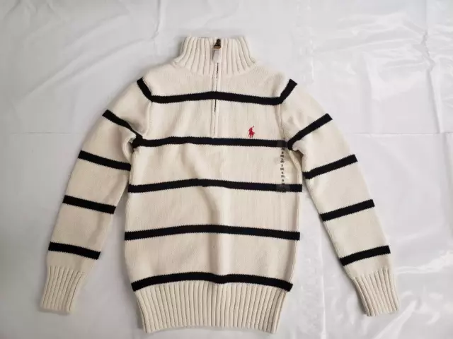 Polo Ralph Lauren Kid s 1/4 Zip Sweater Ivory/Black Stripe Size S(8)