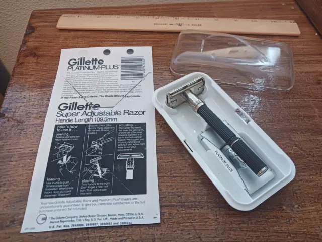 Vintage 1970 Gillette Super 109 Adjustable Black Beauty Safety Razor Set