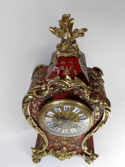 Antique French Boulle Mantel Clock Ormolu Brass and Red Tortoise shell inlaid 2