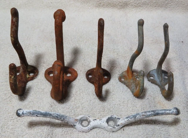 Lot of 6 Vintage Metal Coat Robe Hat Hooks Wall Mount Rustic