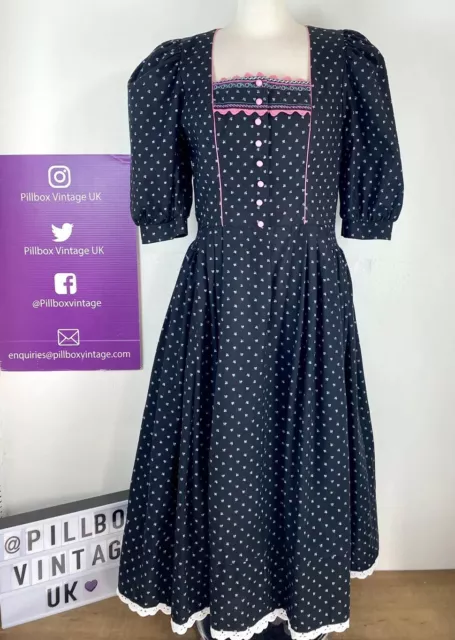 Rose Dirndl Dress Size 10 Vintage 70s Dirndl Fairytale Princess Black Pink Ditsy